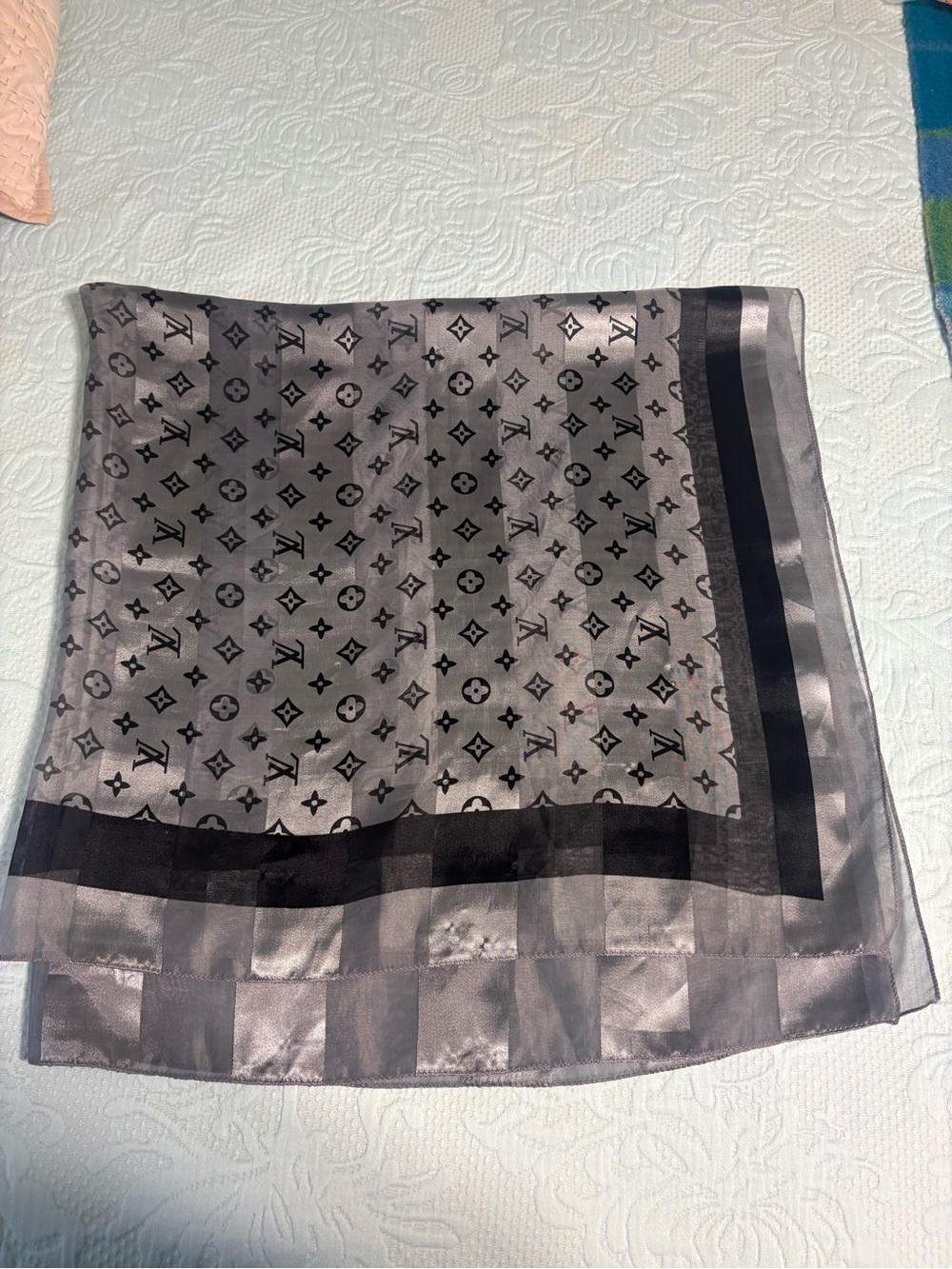 Louis Vuitton Gray and Black Monogram Silk Scarf